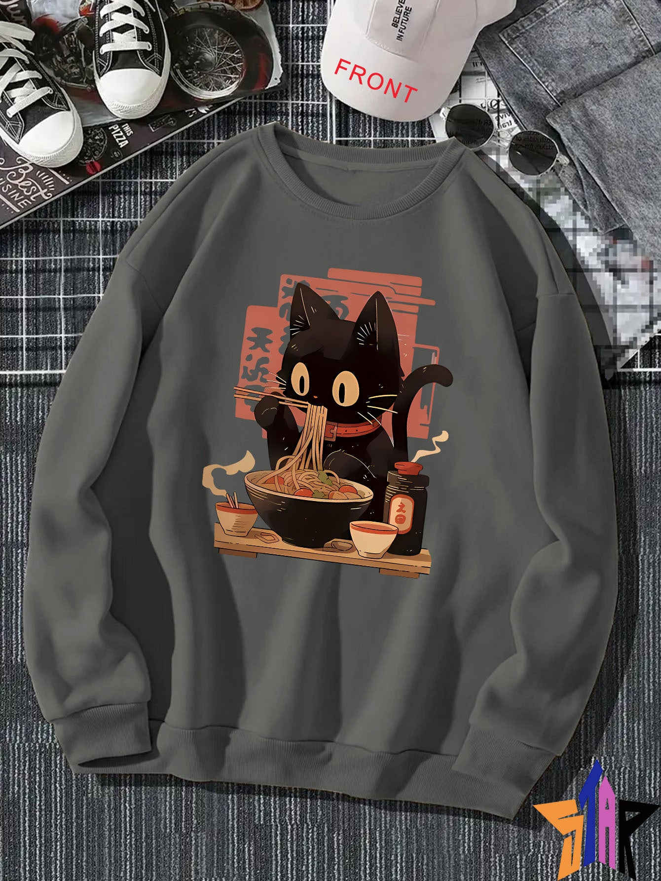 Anime style, animal, cat, ramen, pattern print, men's fashion trend top, autumn and winter leisure outdoor crewneck pullover soft breathable sweatshirt, men's and women's daily commute comfortable long sleeve hoodie