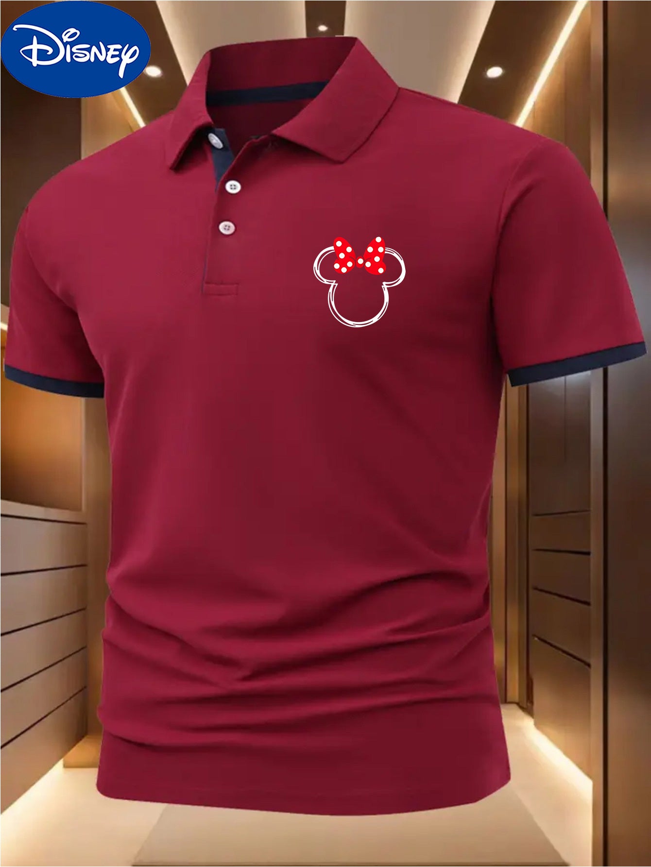 Disney Minnie Mouse Bow Print Men's Shirt - Maroon & Navy Color Block Collar & Cuffs, Lightweight Quick-Dry Polyester, Breathable Golf & Tennis Shirt, Business Casual Summer Top, Machine Washable Gift for Him, Breathable Poly