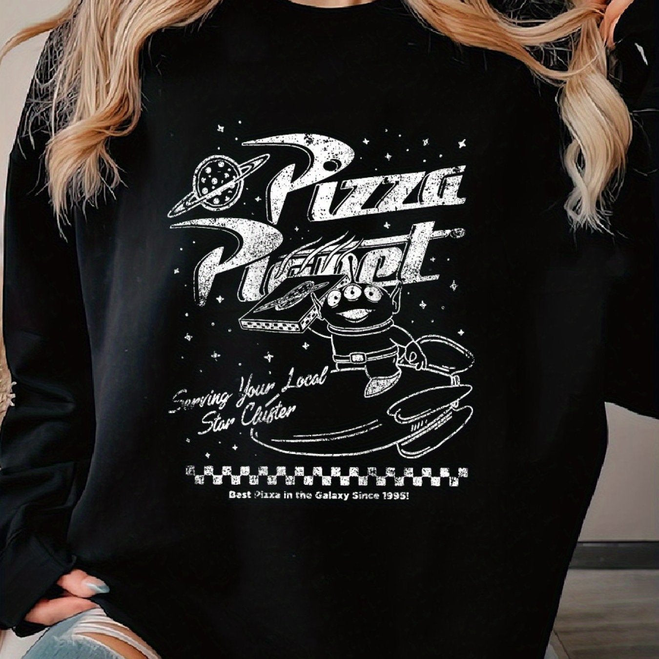 Women'S Cotton Blend Knit Crew Neck Sweatshirt with Pizza Planet Graphic - Casual Fall/Winter Top
