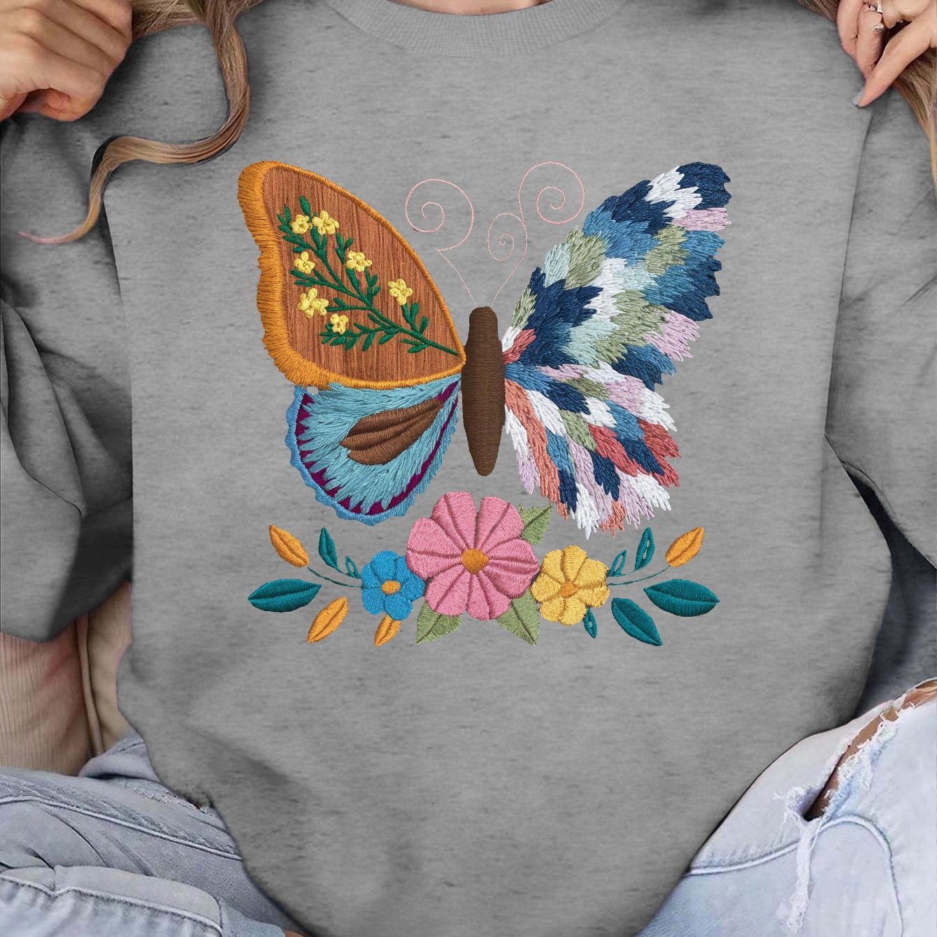 Women'S Casual Crew Neck Sweatshirt with Intricate Embroidered Butterfly and Floral Design, Geometric Pattern, Polyester Knit Fabric, Regular Length - Fall/Winter Collection