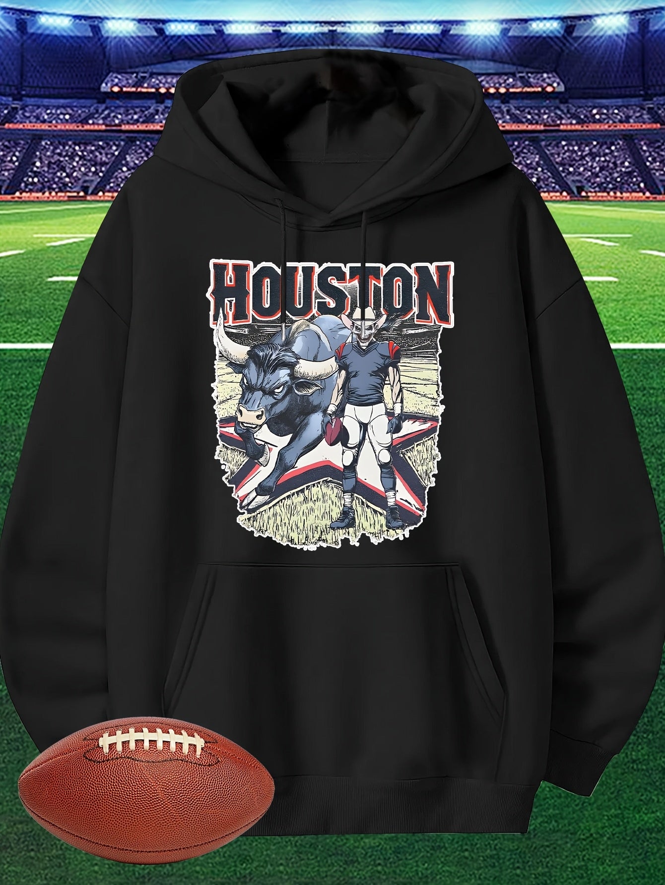 Men's Houston Football Hoodie - Red Long Sleeve Sweatshirt with Cartoon Player Design, Casual Pullover for Fans, Lightweight 280g, Perfect for Game Day or Casual Attire
