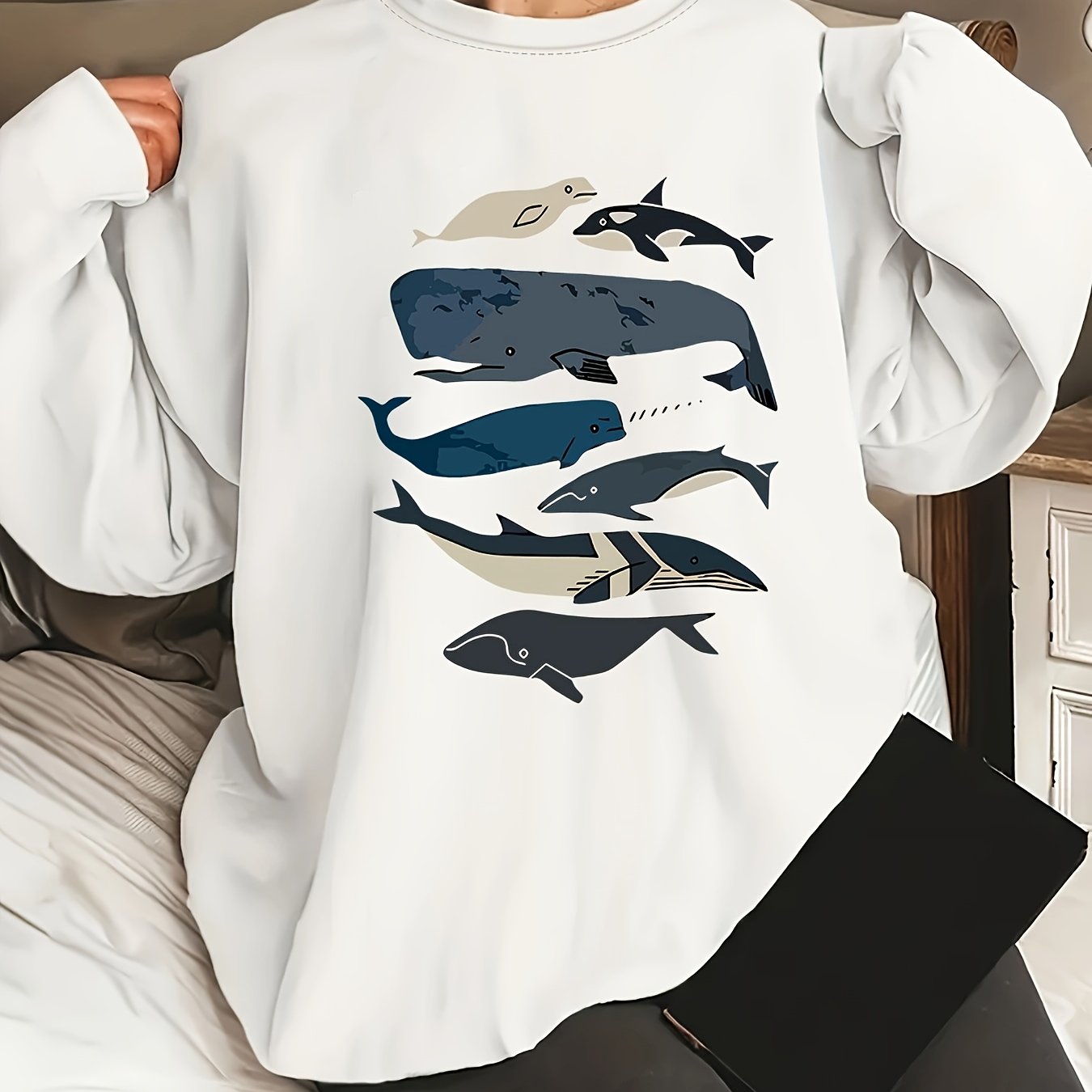 Women's Casual Whale Print Crew Neck Sweatshirt - Black with Blue & White Whale Design, Long Sleeve, Machine Washable, All-Season Comfort