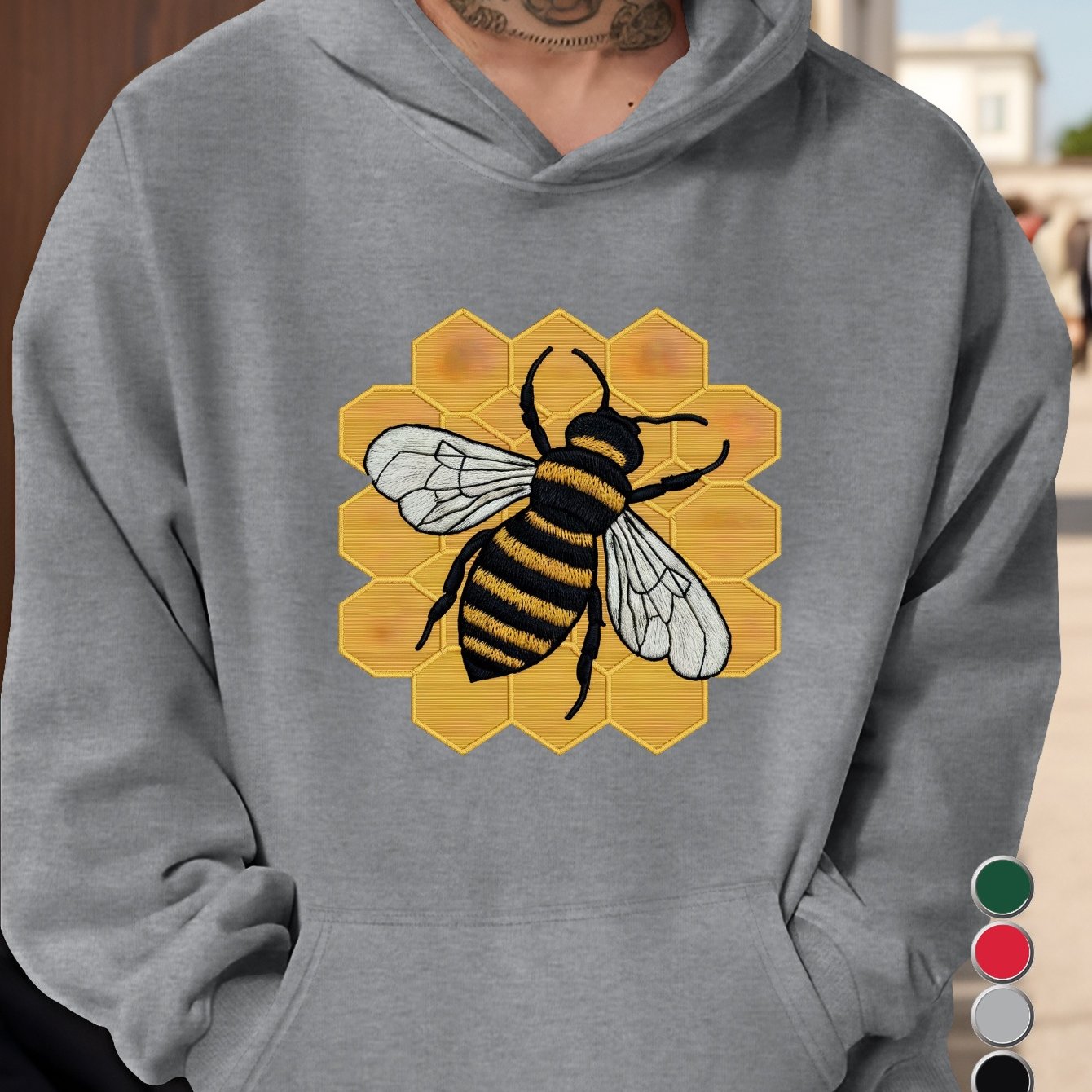 honeycomb detailed embroidered bee illustration men's hoodies