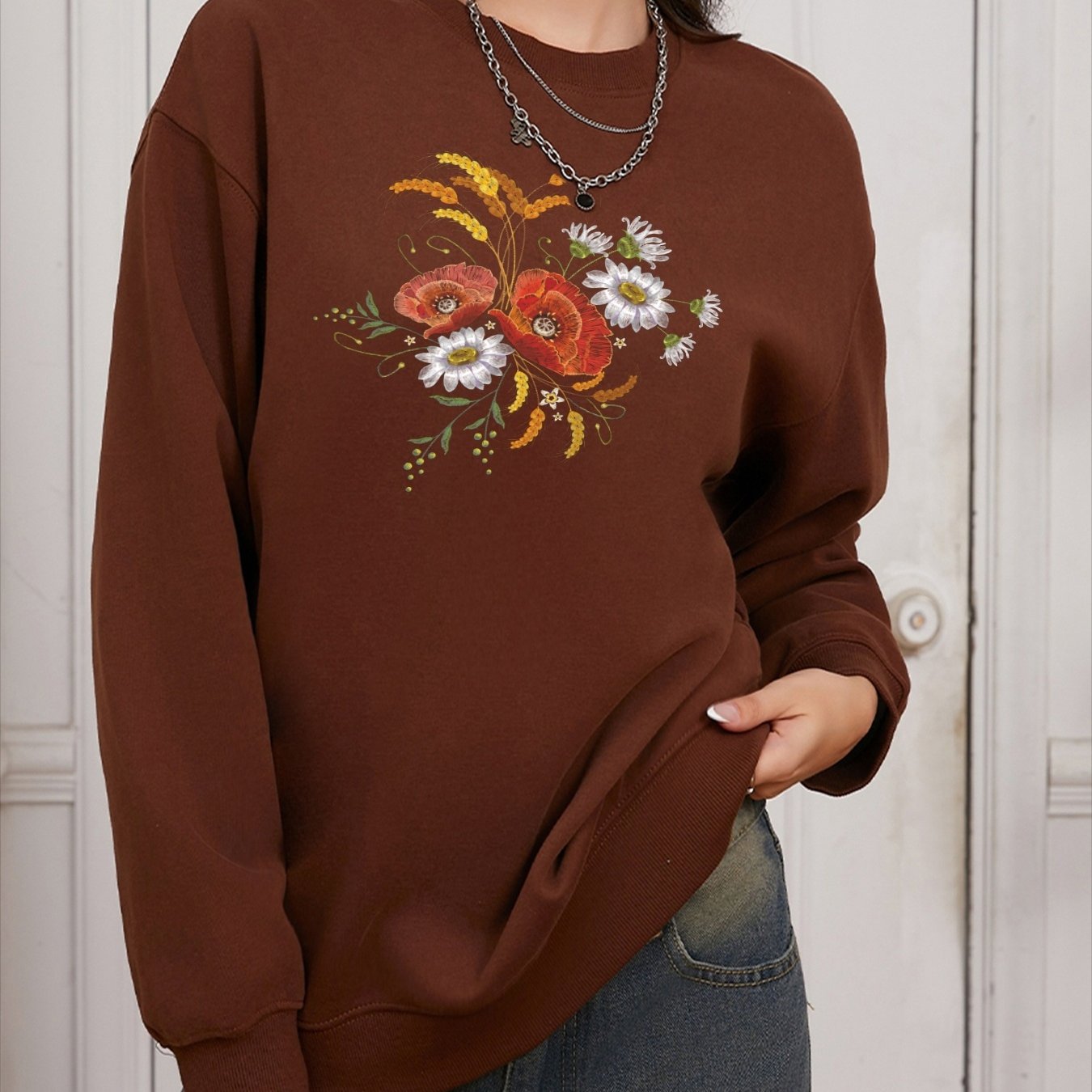 Women's Casual Versatile Fashion Round Neck Long Sleeve Cotton Pullover Sweatshirt
