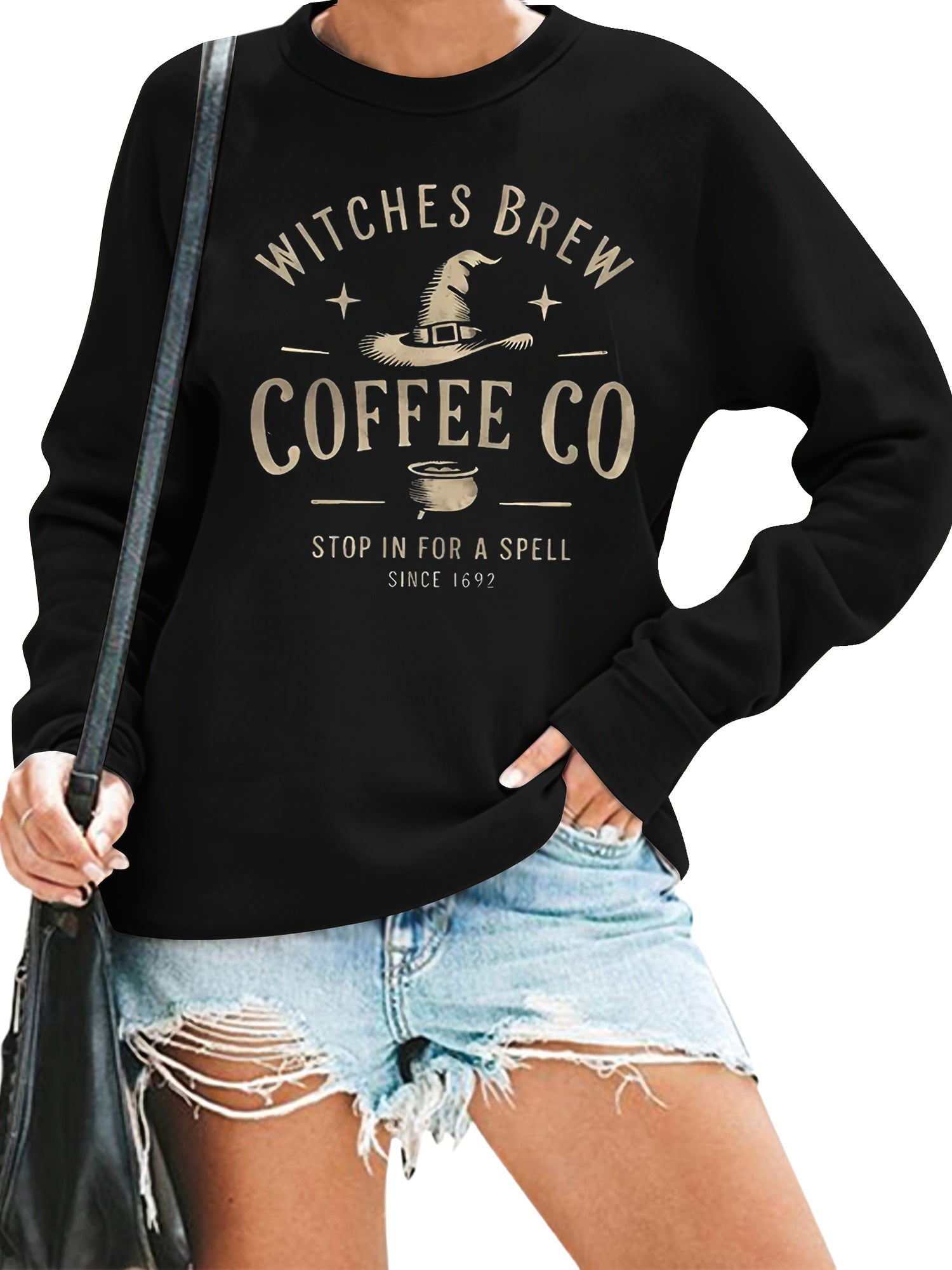 WITCHES BREW COFFEE CO Letterprinted Crew Neck Casual Long-sleeved Sweatshirt For Women