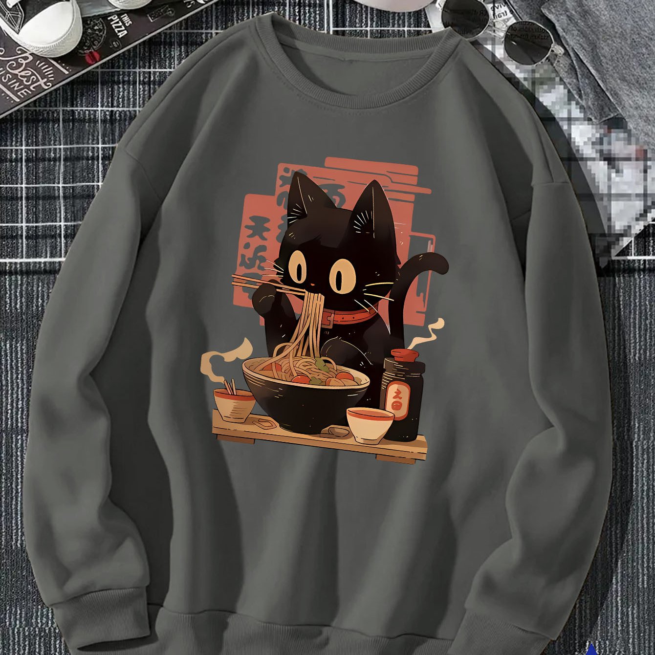 Anime style, animal, cat, ramen, pattern print, men's fashion trend top, autumn and winter leisure outdoor crewneck pullover soft breathable sweatshirt, men's and women's daily commute comfortable long sleeve hoodie