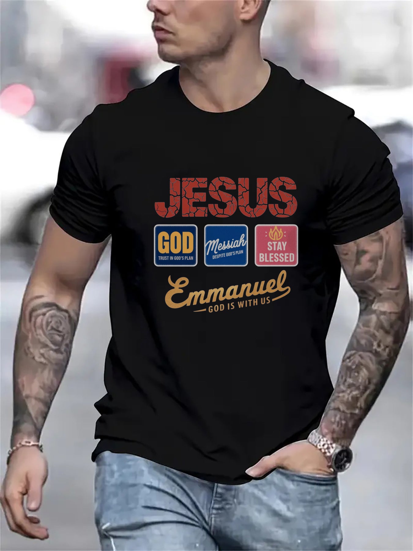 Men's Jessus Godd Messiah Stay Blessed Emmanuel Graphic T-Shirt - Black Religious Design with Scripture References, Soft Breathable Short Sleeve Round Neck Casual Summer Tee, Machine Washable, Everyday Comfort Apparel, Inspirat