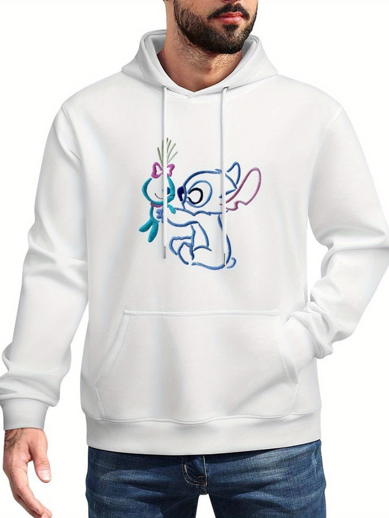 Disney Men's Black Retro Pullover Hoodie with Stitch & Angel Embroidery Art & Disney Friends Digital Print, Soft Regular Fit Casual Sweatshirt, Machine Washable, Front Pockets, Disney Hoodie, Durable Fabric