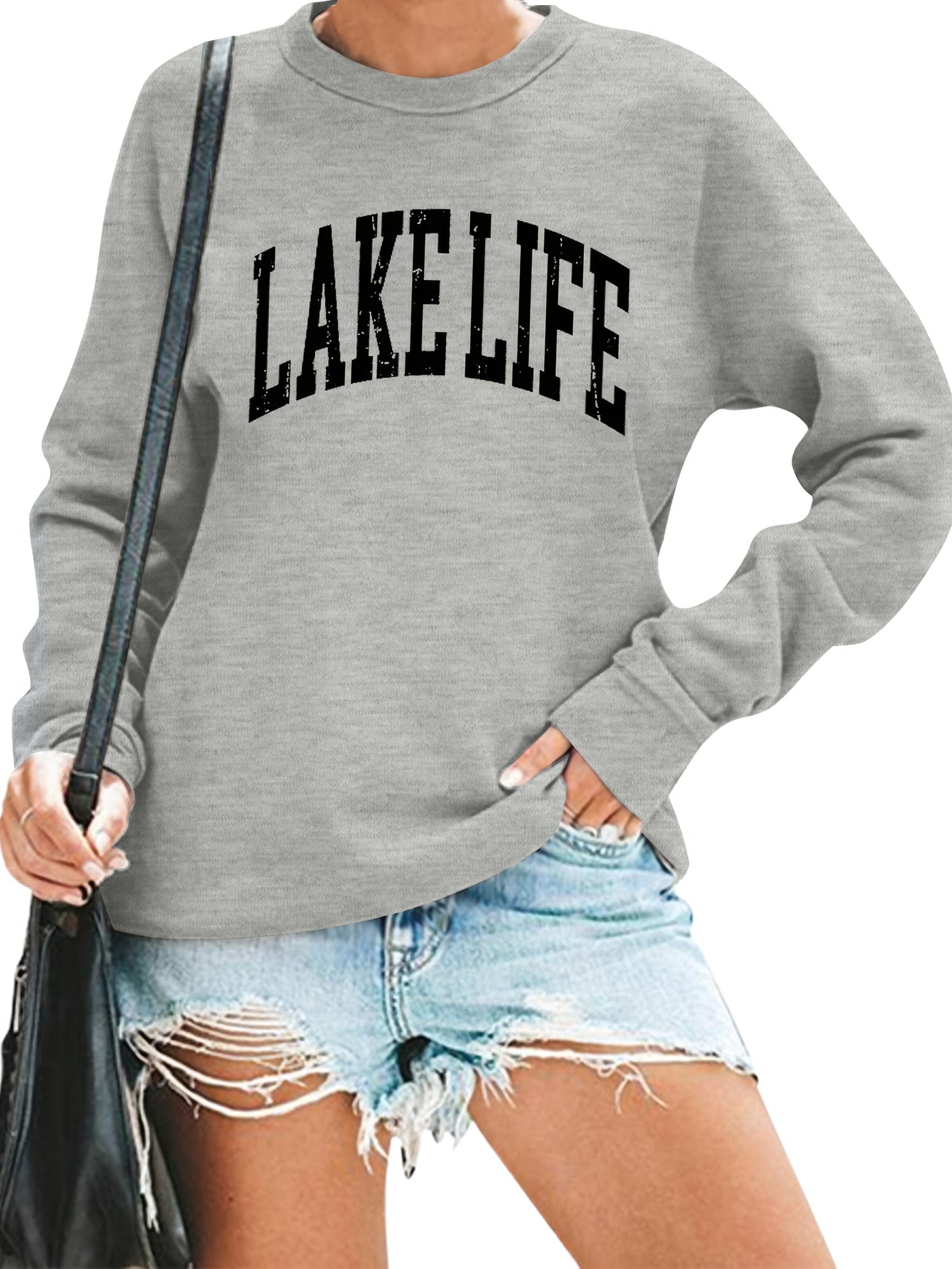 Women'S Lake Life Print Crew Neck Sweatshirt, Casual Cotton Blend Pullover, with Long Sleeves and Slight Stretch, for All Seasons