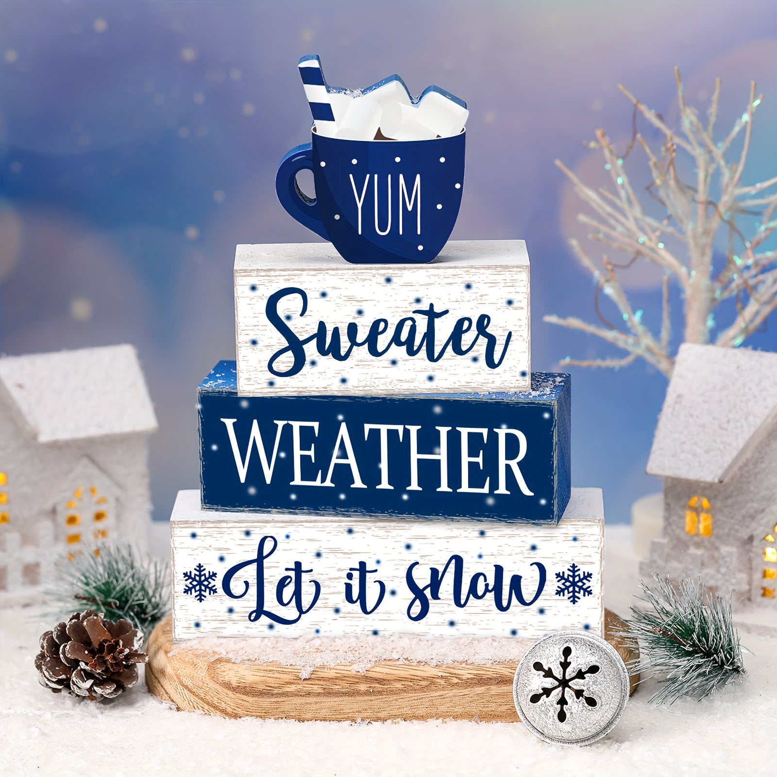 Winter Wooden Tabletop Decor Let It Snow Tiered Tray Decor Snowflakes Decorative Wood Block Sign Gift Wooden Farmhouse Christmas Table Centerpiece Winter Decor for Home Indoor Holiday