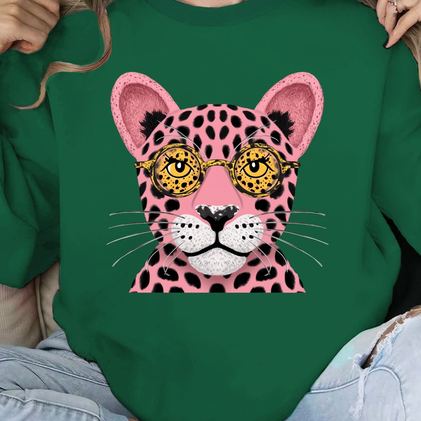 Stylized pink leopard face women's sweatshirts