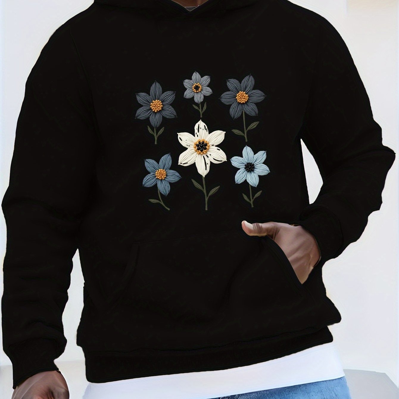 Men's Casual Hoodie with Embroidered Floral Design, Beaded Accents & Geometric Pattern - Black with Blue & Orange Flowers, Front Pockets, Machine Washable, Autumn/Winter Wear, Essential Hoodie