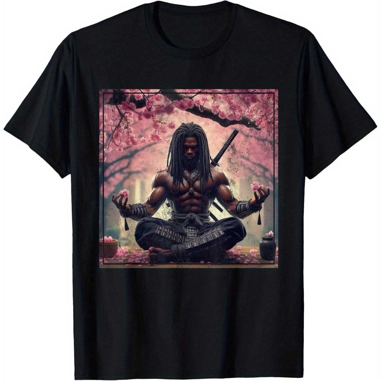 Men's Black Samurai Yasuke Meditating Under Cherry Blossom T-Shirt - 100% Cotton, Crewneck Short Sleeve, Regular Fit, S-XXXL, Spiritual Art Design, Lightweight & Breathable, Perfect for Daily Wear, Travel, or Gifts