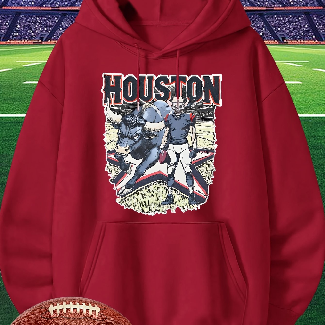 Men's Houston Football Hoodie - Red Long Sleeve Sweatshirt with Cartoon Player Design, Casual Pullover for Fans, Lightweight 280g, Perfect for Game Day or Casual Attire