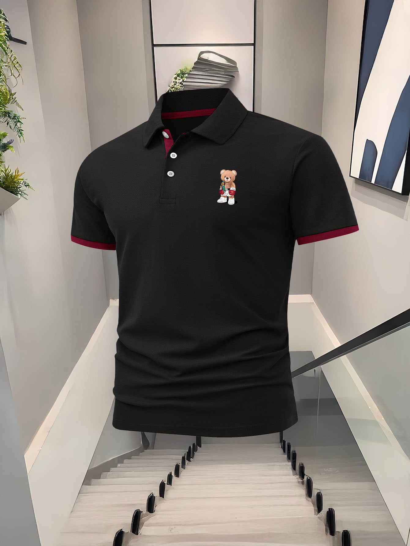 Fighting Little Bear Men'S Polo Shirt - Navy Blue with Red Collar & Cuffs, Cute Bear Graphic Print, Breathable Polyester Knit Fabric, Regular Fit Short Sleeve for Golf, Tennis, Running, Hiking, Casual Wear - Spring/Summer Ess