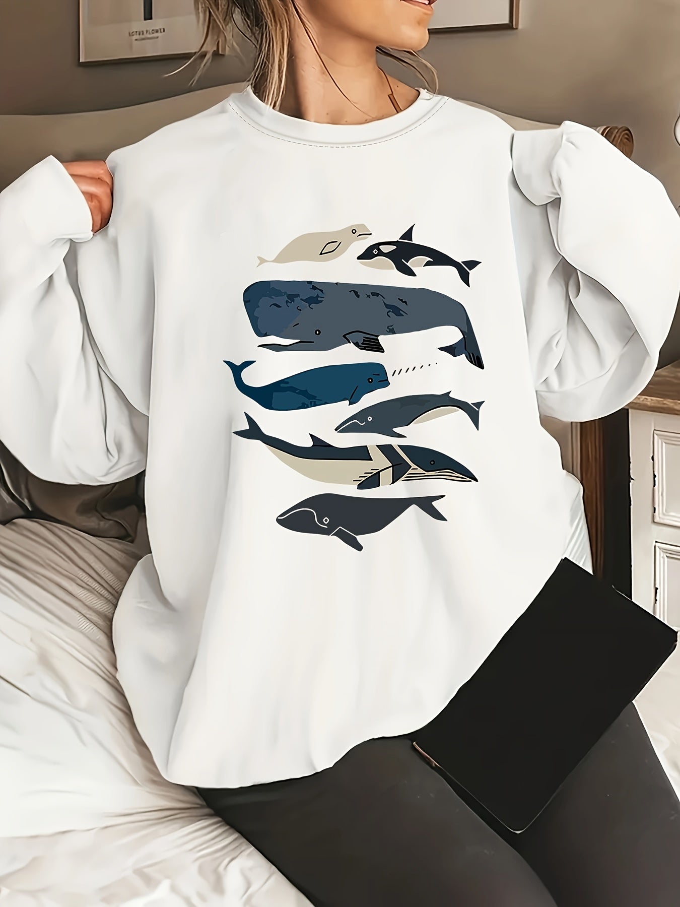 Women's Casual Whale Print Crew Neck Sweatshirt - Black with Blue & White Whale Design, Long Sleeve, Machine Washable, All-Season Comfort