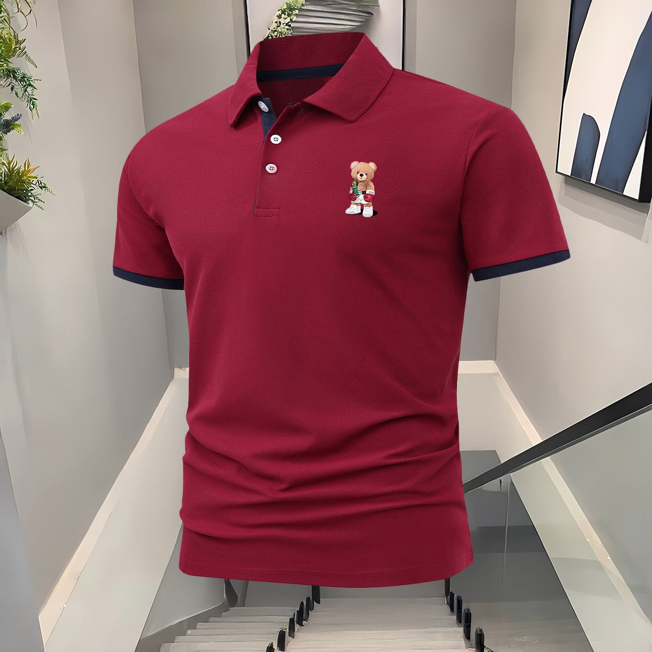 Fighting Little Bear Men'S Polo Shirt - Navy Blue with Red Collar & Cuffs, Cute Bear Graphic Print, Breathable Polyester Knit Fabric, Regular Fit Short Sleeve for Golf, Tennis, Running, Hiking, Casual Wear - Spring/Summer Ess