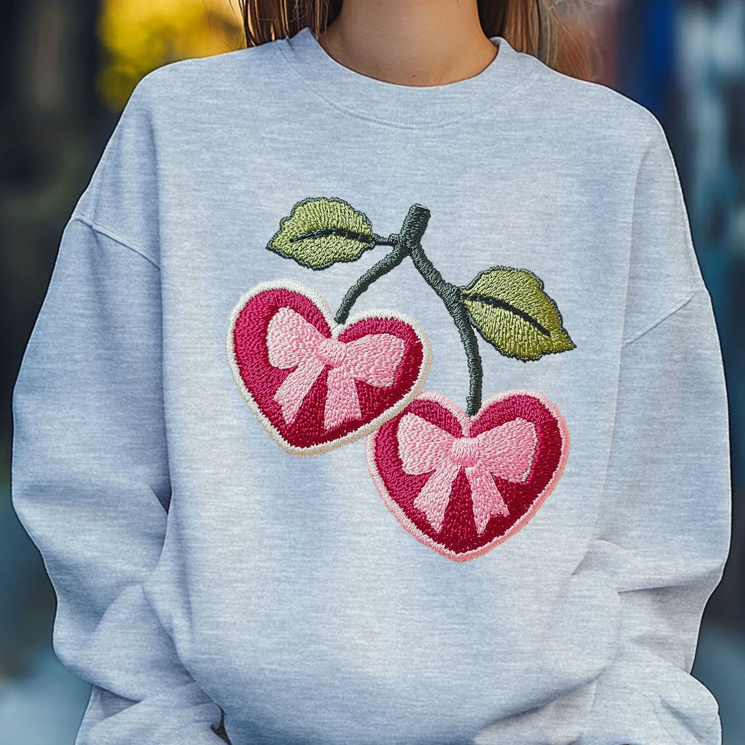 Women'S Cherry Love Heart Bow Embroider Print Sweatshirt Pullover Fall Loose Fashion Long Sleeve Crew Neck Sweatshirt Casual Comfy Clothes