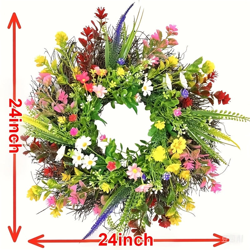 24 Inch Spring Wildflower Wreath, Texas Wildflower Wreath, Spring And Summer Wildflower Silk Wreath for Farmhouse Interior Front Door Wall Wedding Home Decor, Perfect for Thanksgiving Decorative Swags
