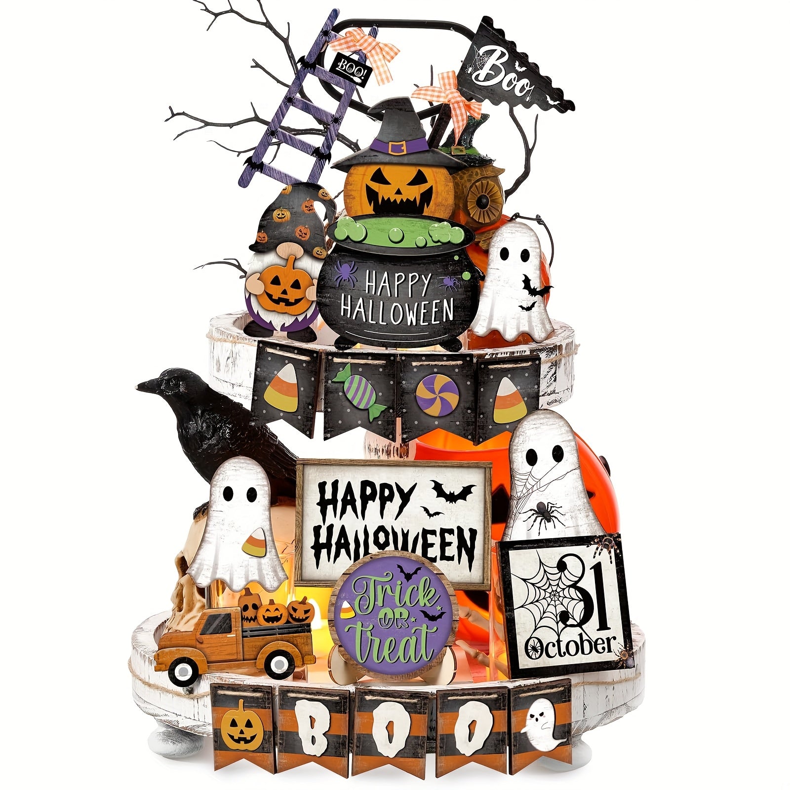 Halloween Tiered Tray Decor Set Happy Halloween Wooden Signs Rustic Table Centerpieces Farmhouse Decor For Home Table Kitchen, Tray Not Included (Pumpkin)