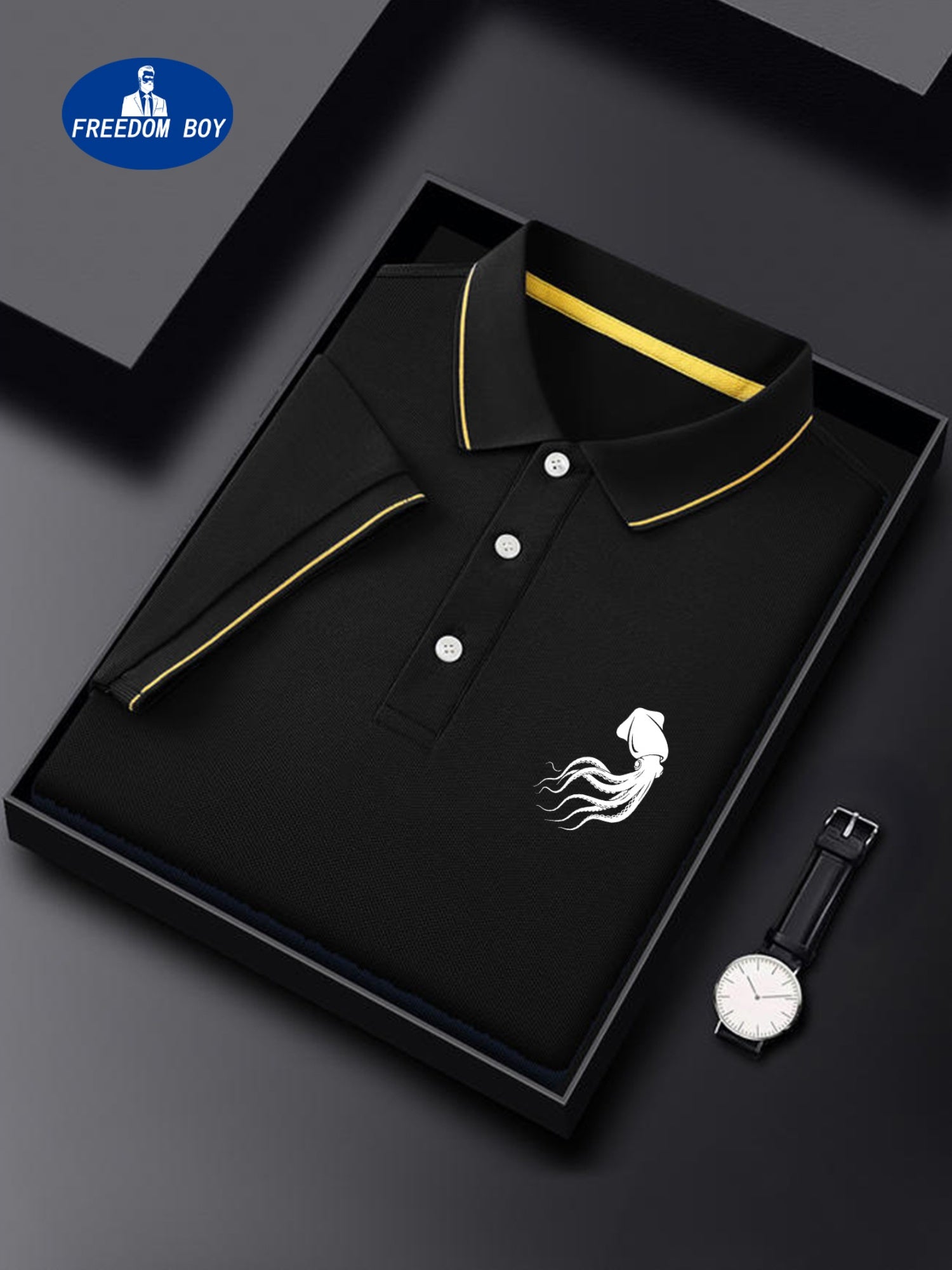 Octopus Logo Men'S Summer Short Sleeved Polo Shirt with Small Logo Pattern, High-End Feel, Light Business, Short Sleeved Top, Suitable for Sports, Golf, Tennis, Fishing, Leisure Vacation Wear