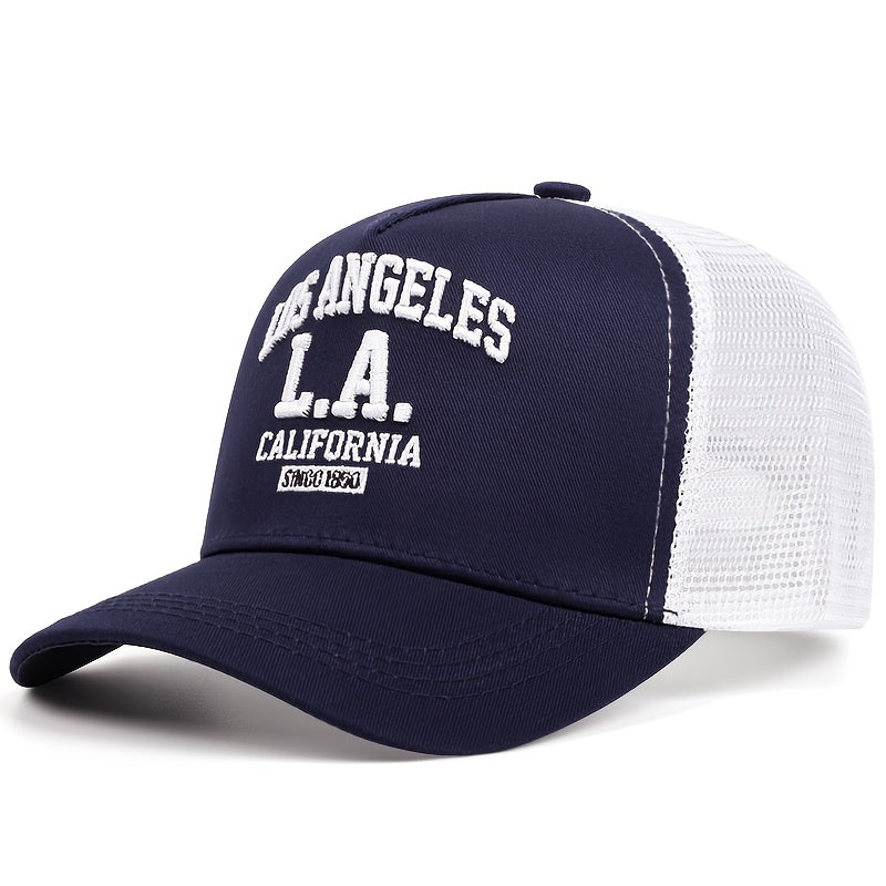Los Angeles Embroidered Baseball Cap - Black Trucker Hat with Mesh Back, Lightweight & Adjustable for Outdoor Sports, Breathable Polyester, Casual Wear Hat|Sporty Baseball Cap|Adjustable Closure Cap, Baseball Hat