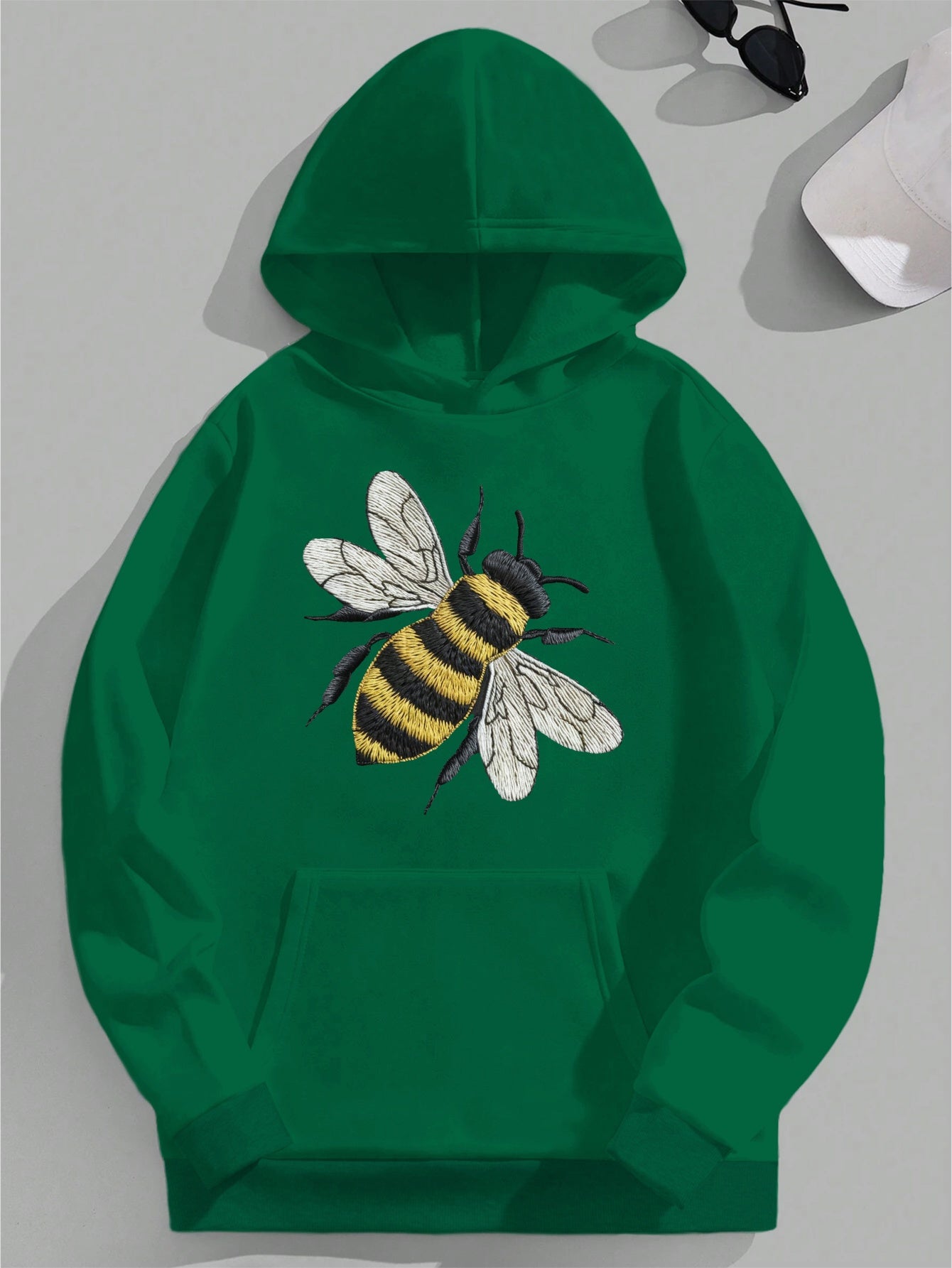 Women's Black Hoodie with Embroidered Bee Design - Cozy Long Sleeve Knit Sweatshirt, Polyester Blend, Front Pocket, Fall/Winter Casual Wear, Fall Casual Clothing | Hooded Sweatshirt | Knit Texture Hoodie, Sweater Hoodie