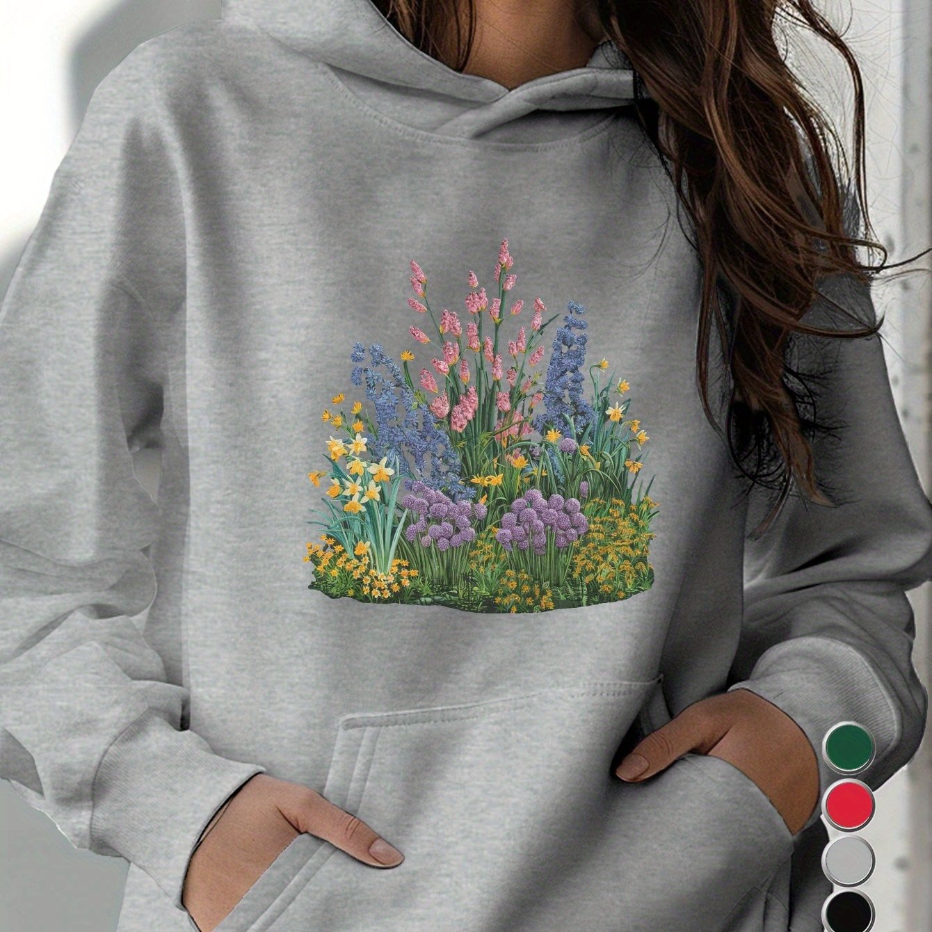teediy Women's Hoodie with Embroidered Miniature Garden Floral Design, 100% Polyester, Front Pockets, Regular Fit Long Sleeve Casual Pullover for Autumn/Winter, Machine Washable