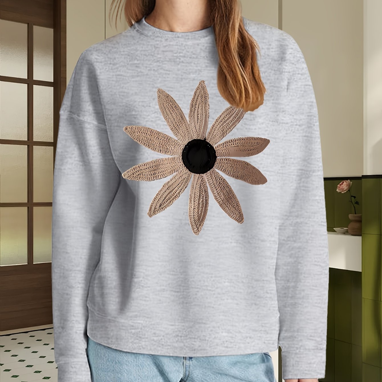 Women's Flower Embroidery Crew - Neck Long - Sleeve Casual Loose Crew - Neck Sweatshirt, Machine - Washable Embroidery Pattern Comfortable Women's Crew - Neck Sweatshirt, The Most Stylish And Comfortable Gift for Female Frien