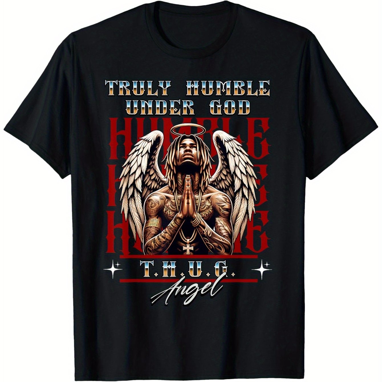 Truly Humble Under GOD - T.H.U.G. Christian Religious T-Shirt with Angel Wings Graphic, Heavyweight 180gsm Cotton Tee for Men & Women, Large Sizes up to 5XL - Church, Bible Study, Family Gifts - Black Crewneck Shirt, Religiou