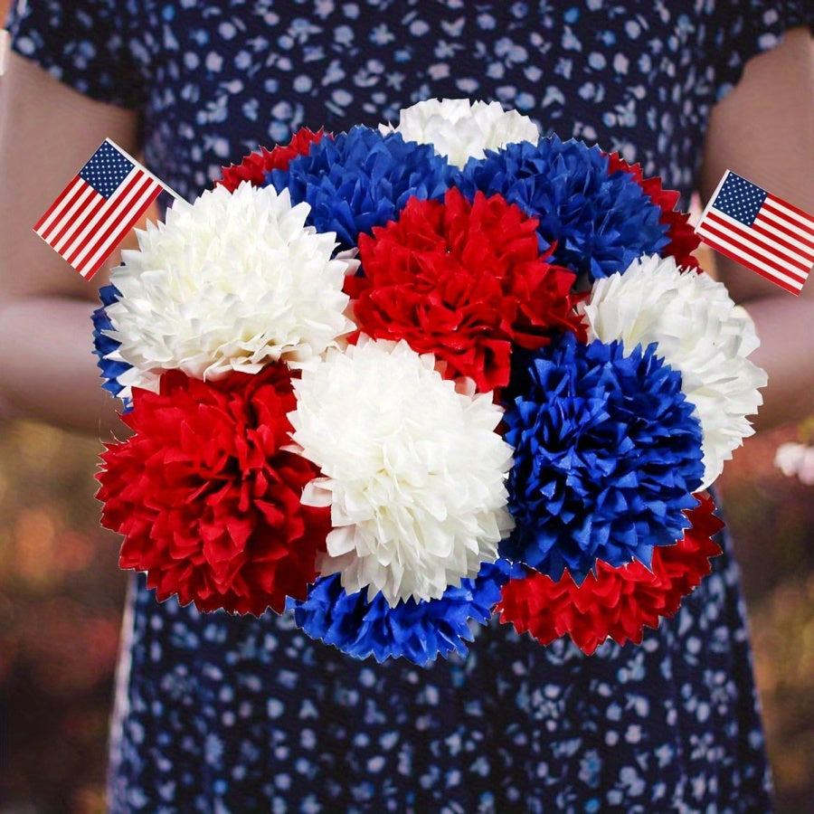 Patriotic Artificial Flowers Red White Blue Ball Chrysanthemum Bouquet | 4th Of July Memorial Family Gathering Center Vase Decoration