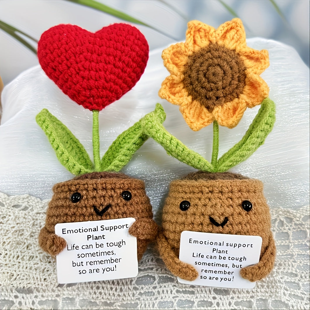 Crochet Heart Pot, Crocheted Sunflower Pot With Encouragement Card, Soft Knitting Decoration, Handmade Crochet Emotional Support Plant, Emotional Support For Birthday Gifts Room Decor