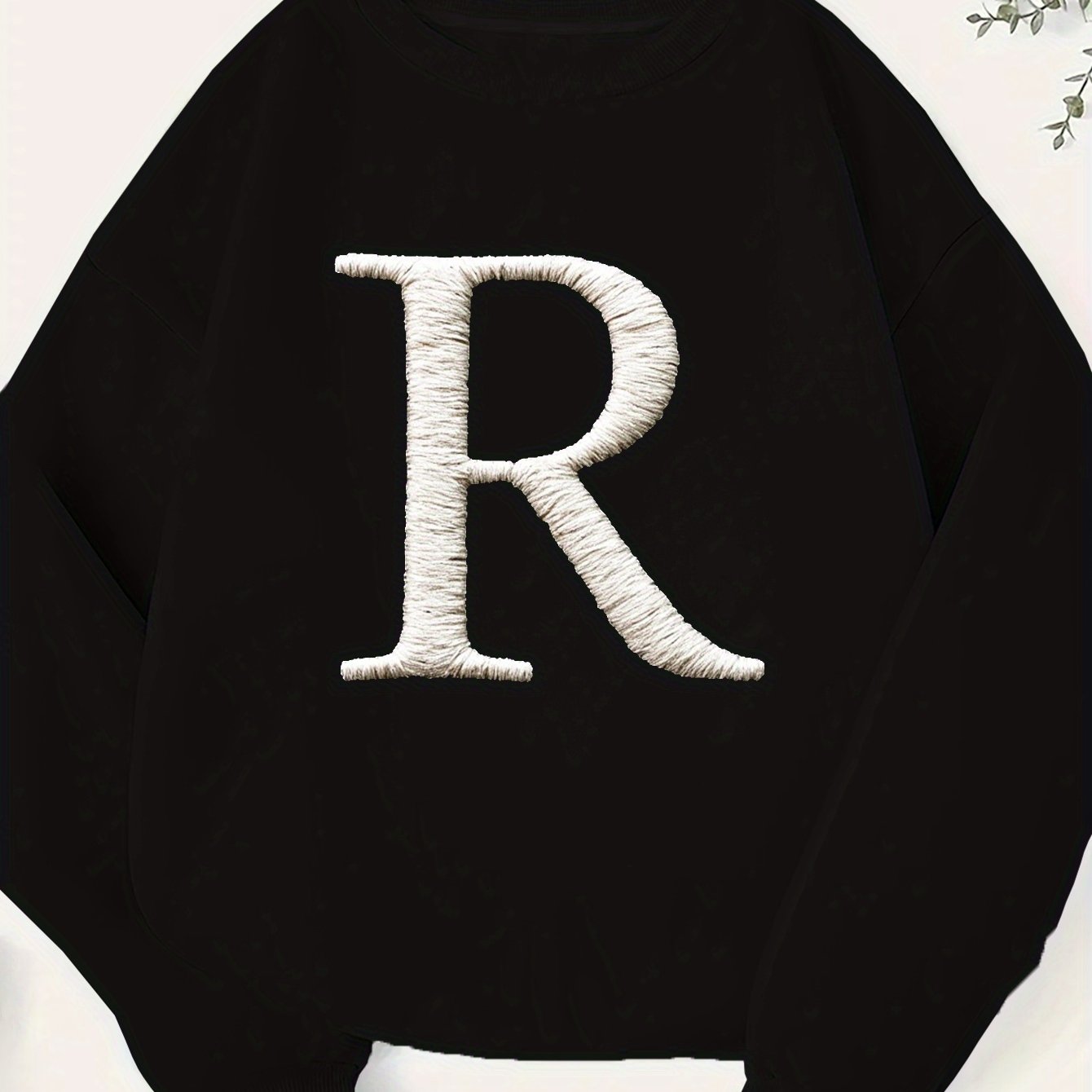 Women's Plus Size Embroidered Letter R Geometric Pattern Sweatshirt - Black & White Casual Long Sleeve Round Neck Pullover, Machine Washable Fall Winter Fashion Top, Cute Sweatshirts, Everyday Comfort, Relaxed Fit, Textured L