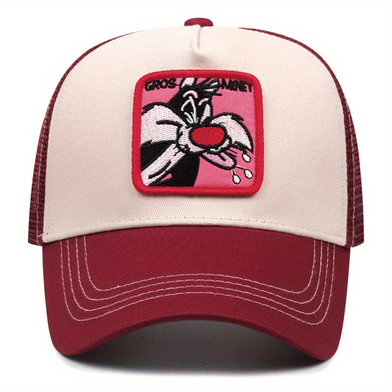 1pc Unisex Adjustable Breathable Trucker Hat with Cartoon Embroidery, Mesh Back Panel & Durable Textile Material - Mixed Color Baseball Cap for Outdoor Sports, Casual Wear, Gift