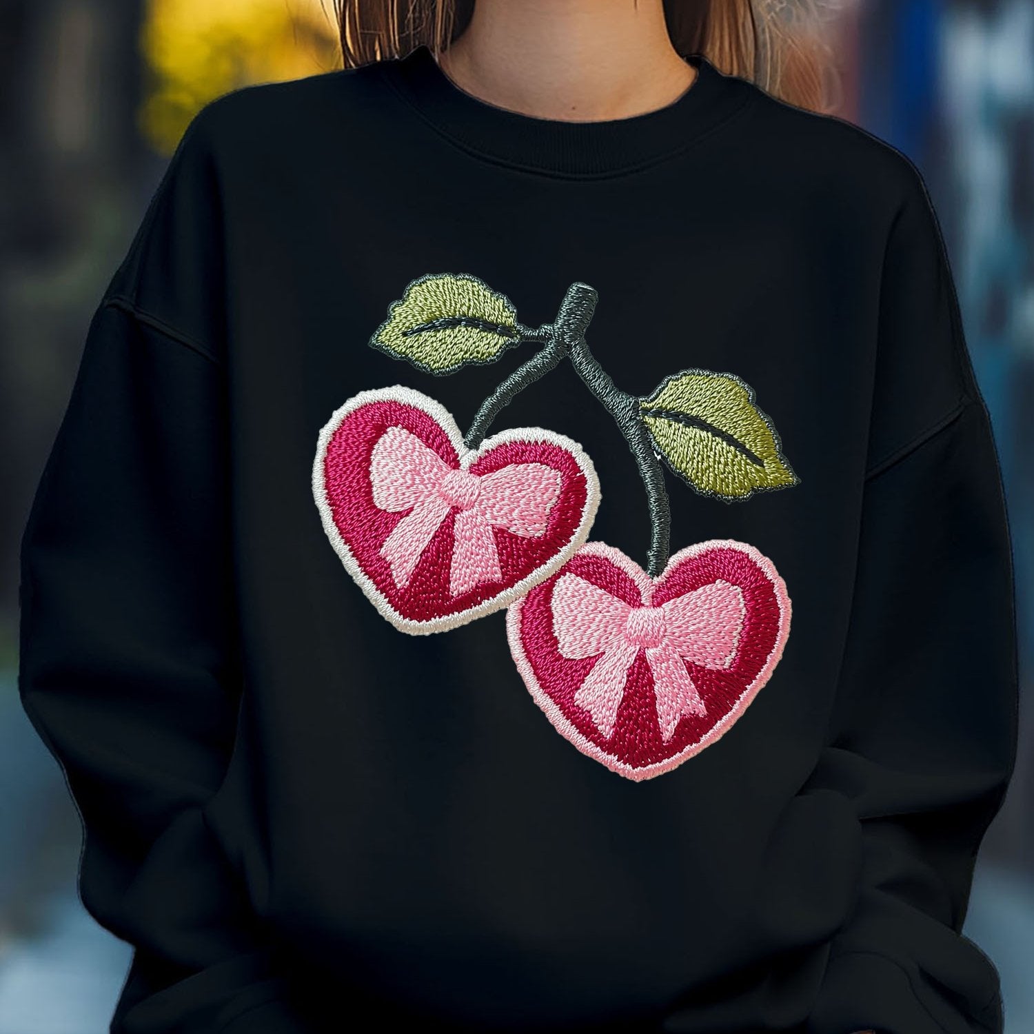 Women'S Cherry Love Heart Bow Embroider Print Sweatshirt Pullover Fall Loose Fashion Long Sleeve Crew Neck Sweatshirt Casual Comfy Clothes