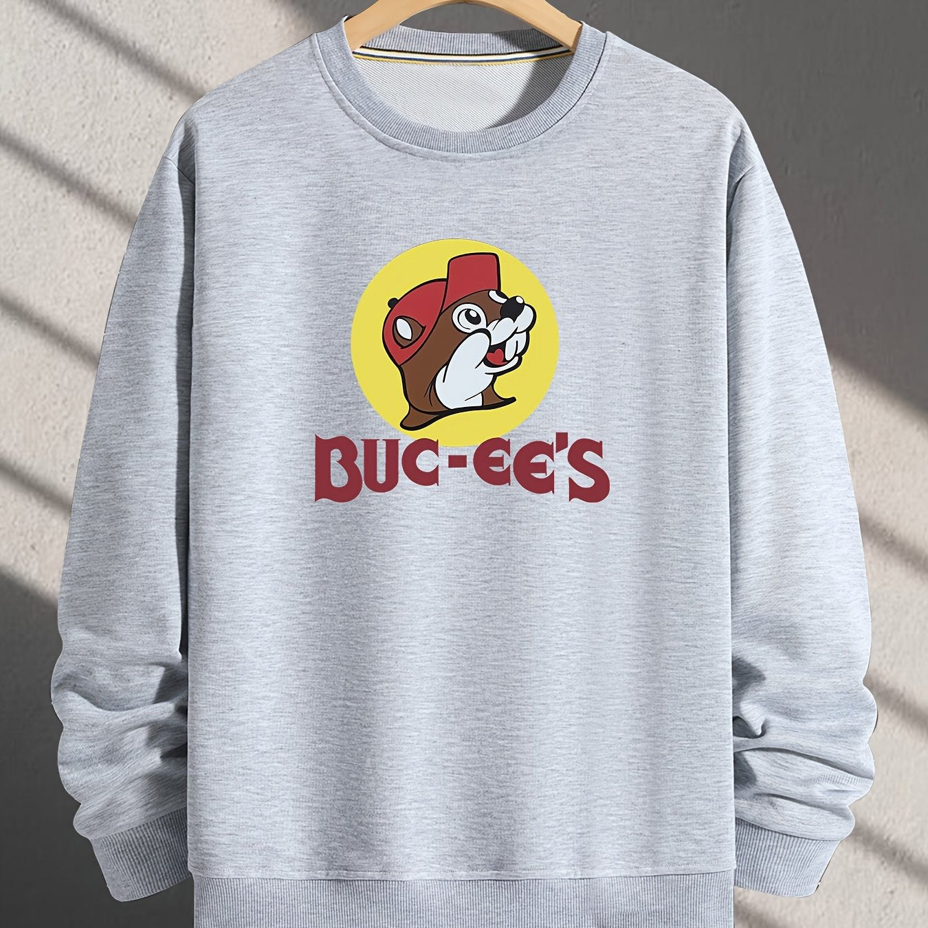 Polyester Crew Neck Sweatshirt, Long Sleeve Loose Fit with Squirrel Letter Print, Casual Outdoor Wear for Men and Women