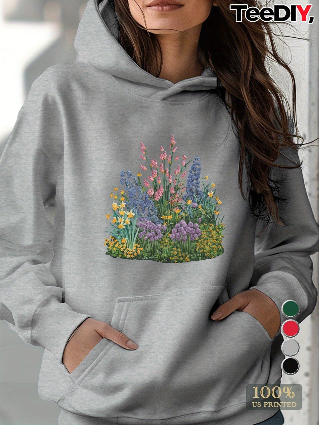 teediy Women's Hoodie with Embroidered Miniature Garden Floral Design, 100% Polyester, Front Pockets, Regular Fit Long Sleeve Casual Pullover for Autumn/Winter, Machine Washable