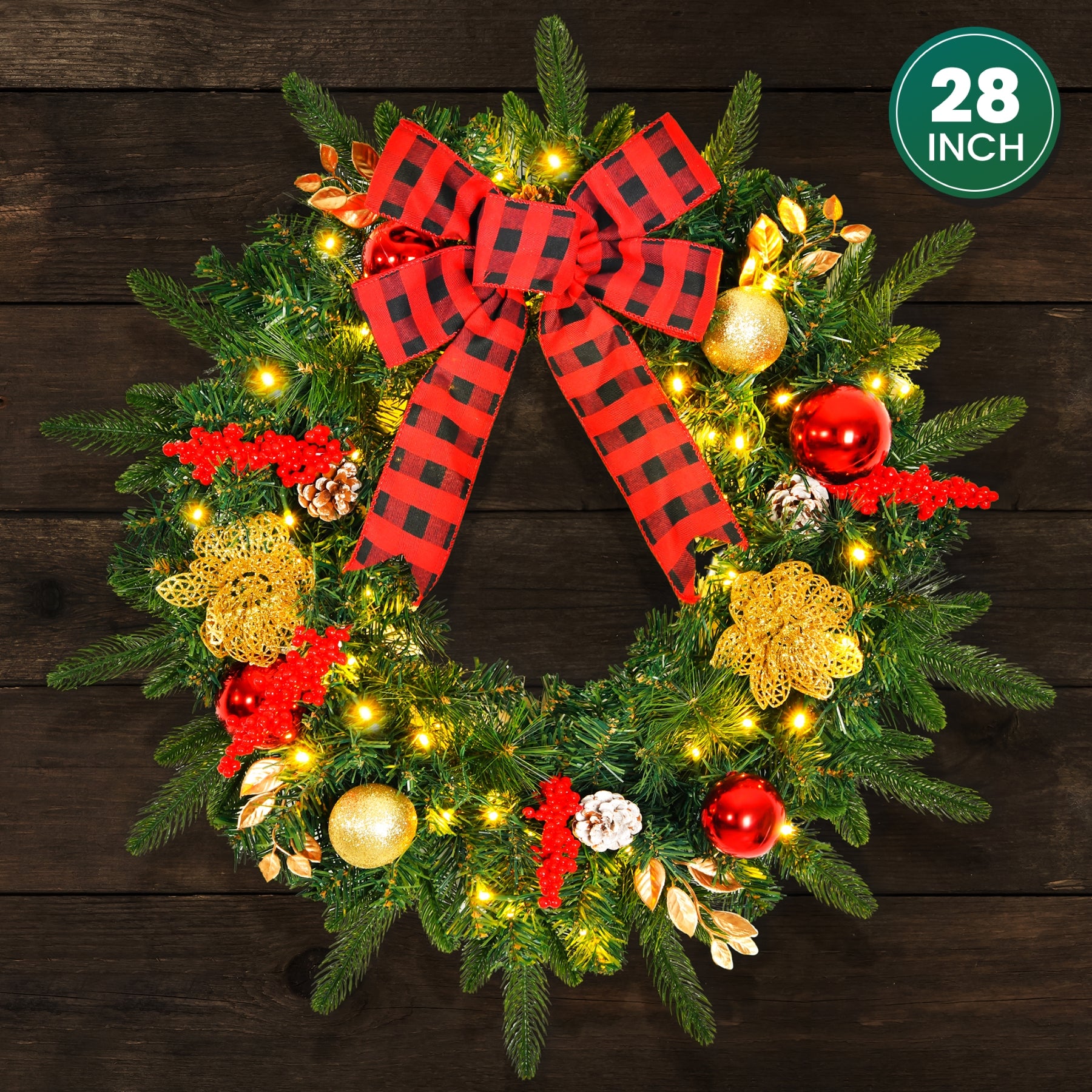 28inch 8 Modes Extra Large Pre-lit Christmas Wreath Artificial Deluxe Lighted Christmas Wreath Decorations Ornament with LED Lights Door Window Fireplace Decor Timer Function