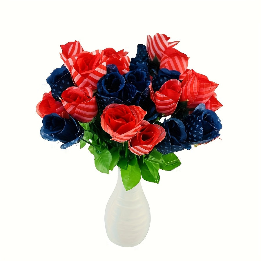 11 Patriotic American Flag Roses Bouquet - Plastic Silk-Like Red White & Blue Stripes with Green Foliage, Memorial Day Veterans Day Home Decor, Cemetery Wreath, No Vase Needed