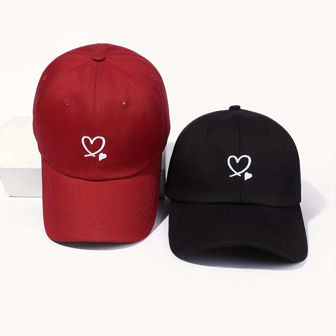 Unisex Embroidered Adjustable Sun Protection 2pcs Double Heart Baseball Caps - Woven Fabric, Hand Wash/Dry Clean, Holiday Theme Outdoor Leisure Hats, Casual Headgear | Adjustable Caps | Structured Cap