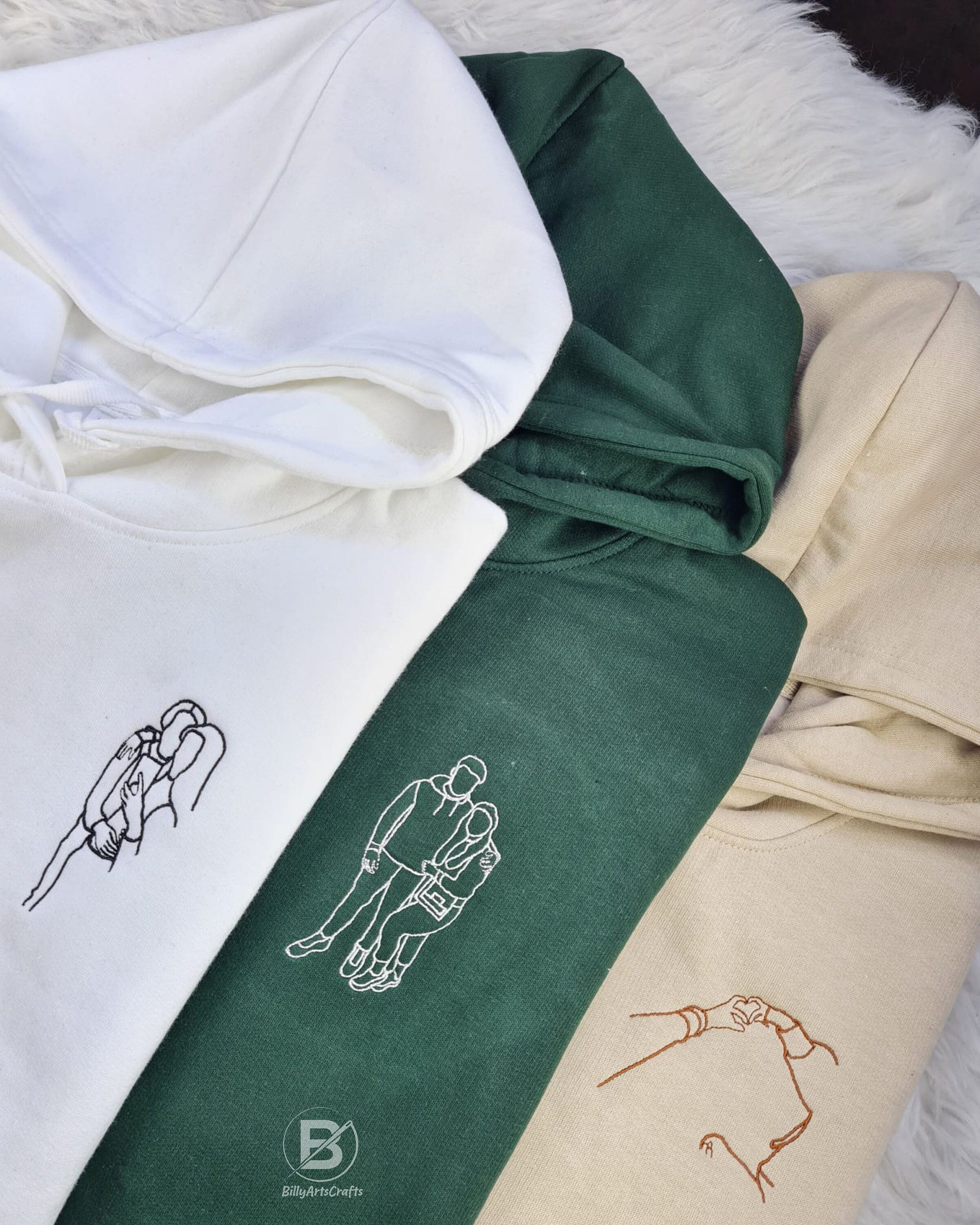 Personalised Outline Drawing Comfy Hoodies, Embroidered Sketch Portrait Hoody, Custom Couples Date On Sleeve Jumpers, Memorial Gifts for him