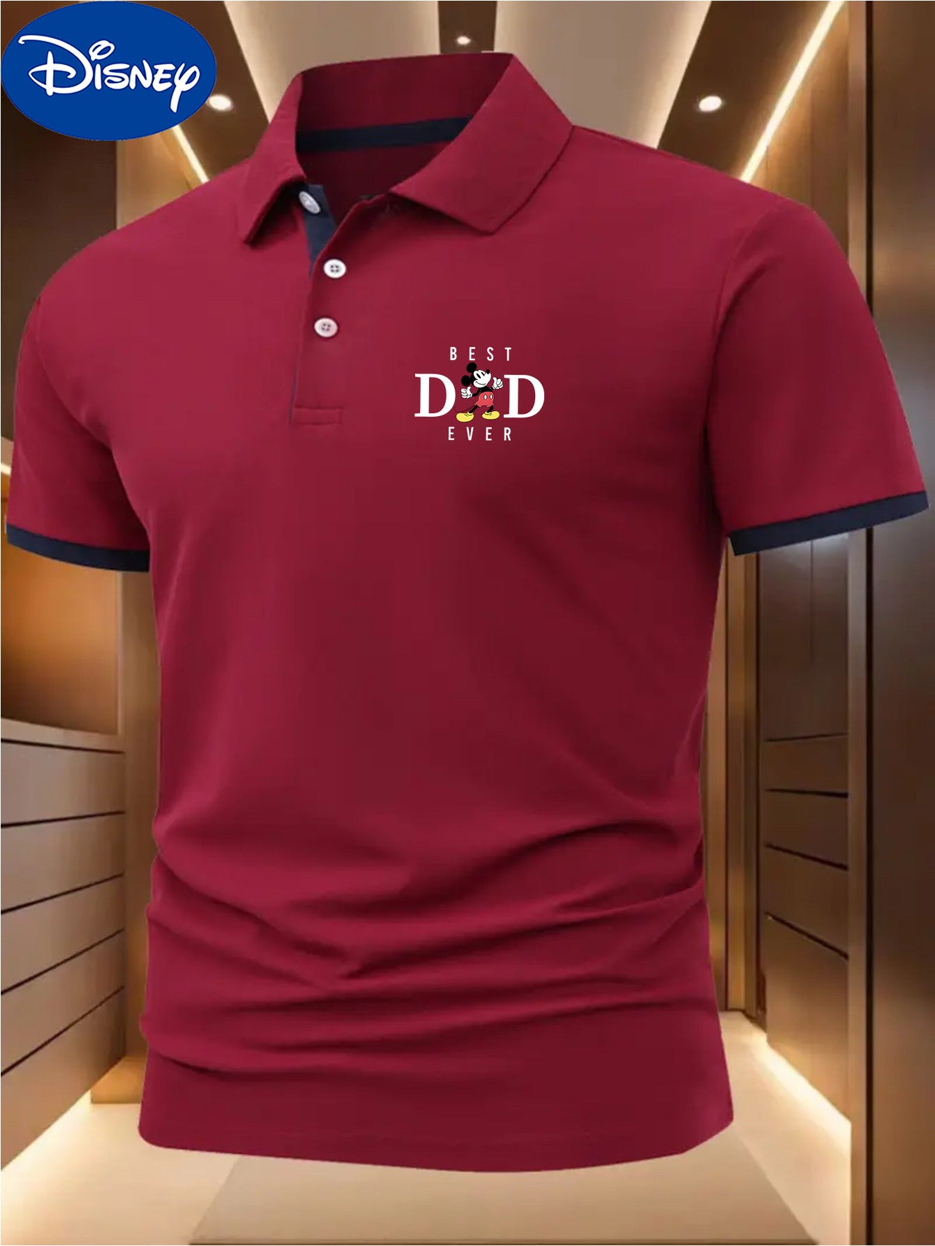 Disney BEST DAD EVER Mickey Theme Print Shirt - Lightweight Quick-Dry Breathable Polyester, Color Blocked Collar & Sleeve Trim, Unisex Golf & Tennis Shirt for Summer, Perfect Father's Day Gift