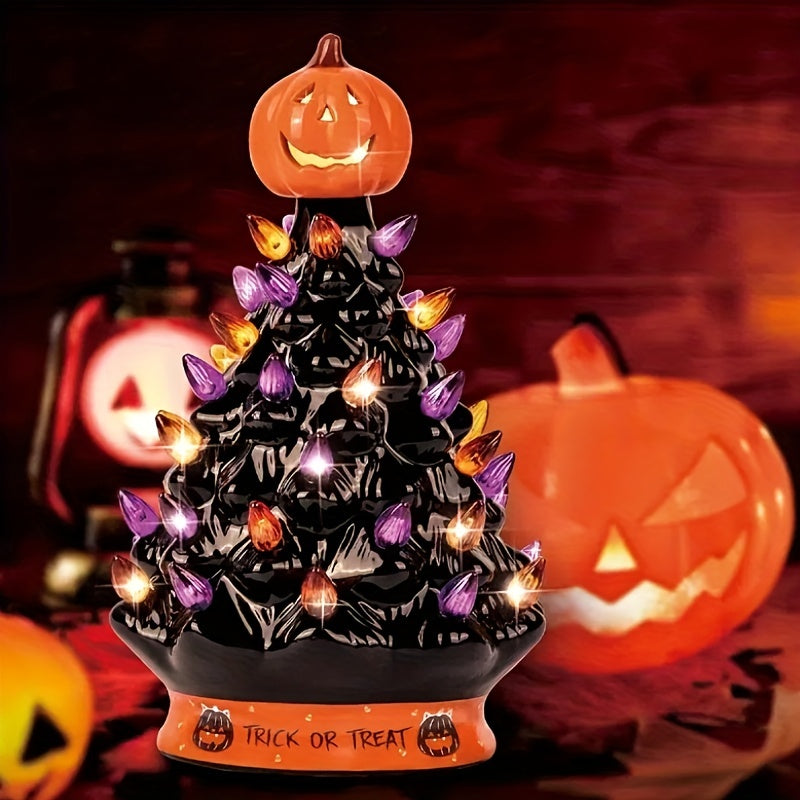2025 Best Christmas Tree - Ceramic Tree for Halloween/Christmas Decoration Orange Pumpkin Head - Trick Or Treat- LED Light Up, Battery not Included - Christmas/Halloween Gift