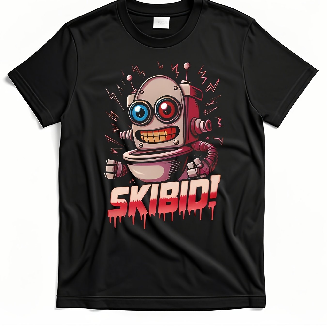 Skibidi Chaos Cyberpunk Graphic T-Shirt for Men - 220g Premium Black Pure Cotton Short Sleeve Tee with Vibrant Robot Drip Art & Bold SKIBIDI! Print, Regular Fit Casual Streetwear, Machine Washable All-Season Gift, Comfortable
