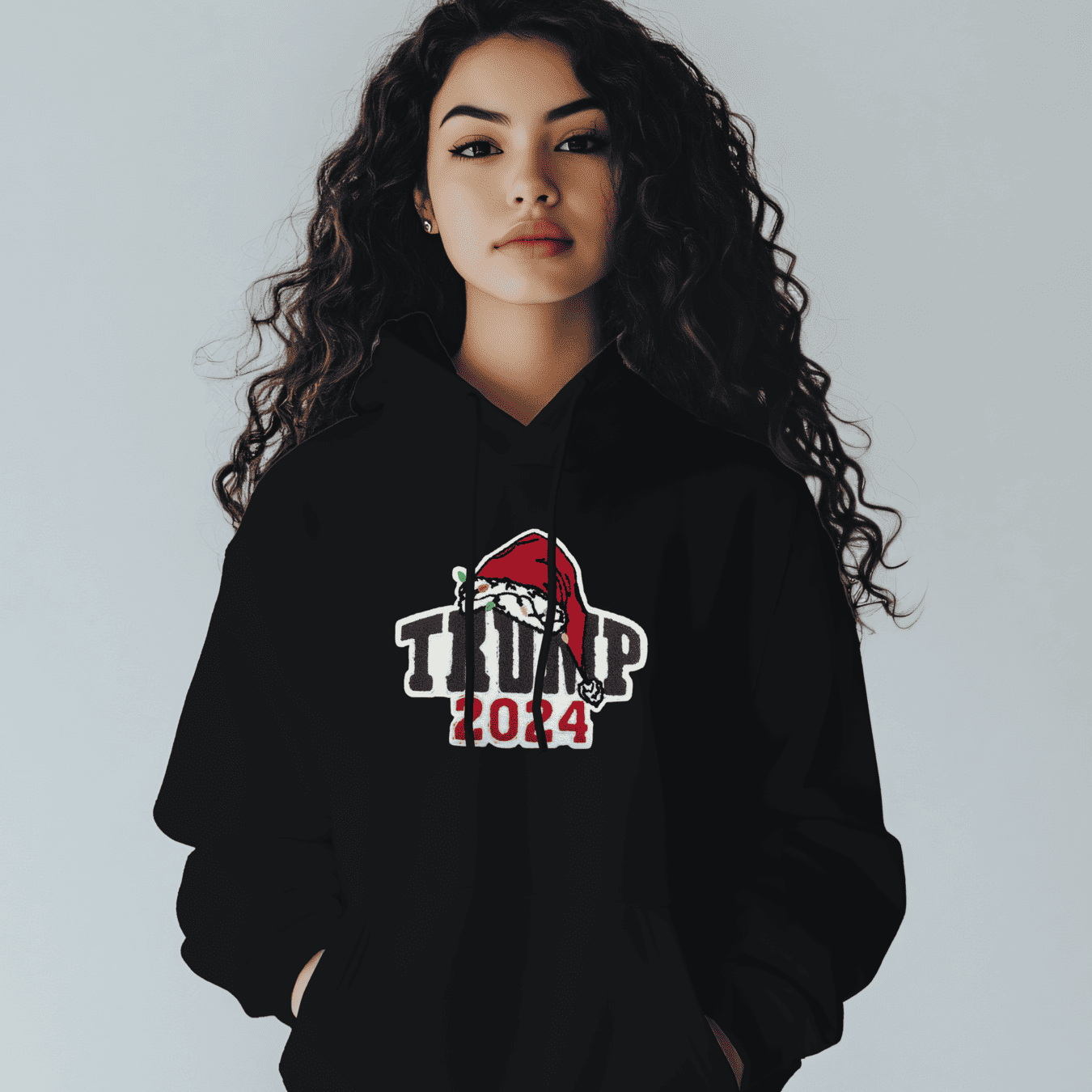 Trump 2024 Women's Embroidered Applique Hoodie - Casual & Sporty, Long Sleeve, Blend, White with Santa Hat Design, Perfect Gift Idea for Spring