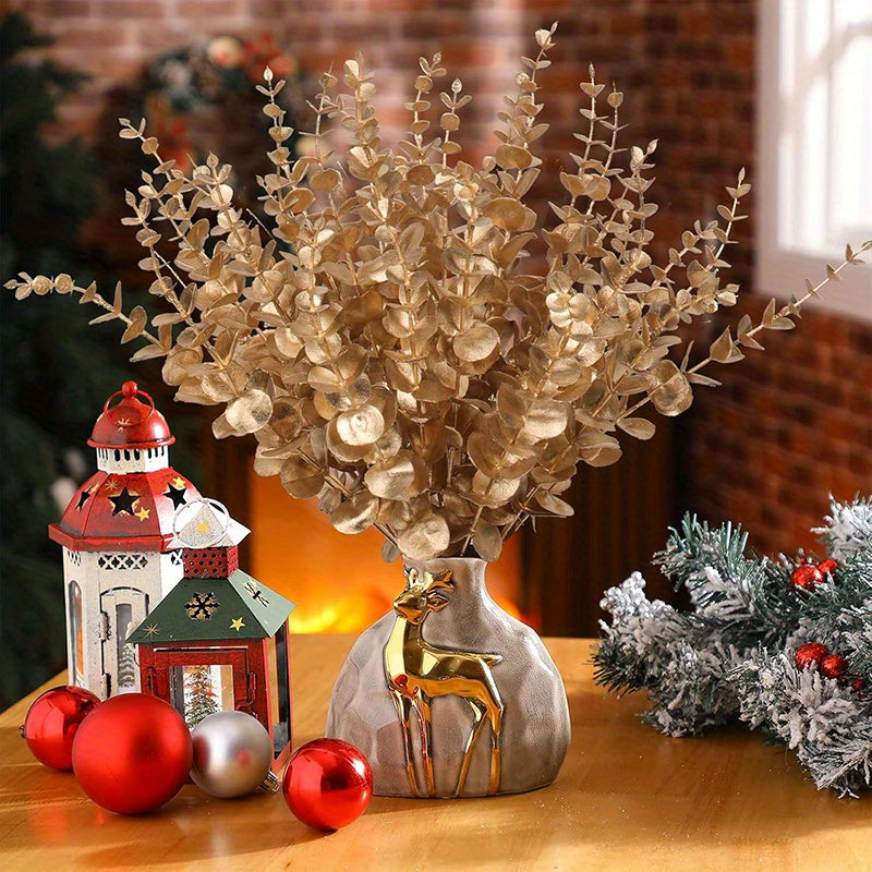 Eucalyptus Stems Artificial Eucalyptus Leaves Decor Eucalyptus Branches Fake Eucalyptus with Fake Leaves 15.35 inch Faux Eucalyptus Stem for Vase Wedding Bouquet Home (Silvery, Golden)