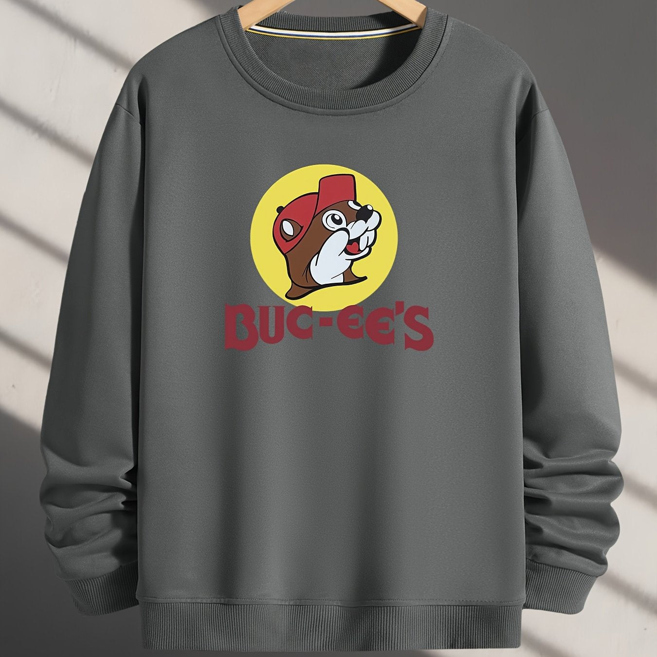 Polyester Crew Neck Sweatshirt, Long Sleeve Loose Fit with Squirrel Letter Print, Casual Outdoor Wear for Men and Women