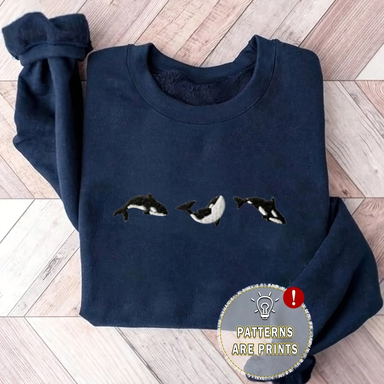 Women's Thick Fleece-Lined Winter Sweatshirt - Warm Orca Whale Embroidery Pullover, Navy Blue Round Neck Casual Sportswear, Machine Washable for Autumn & Winter, Cozy Clothing, Soft Fabric Construction, Cold Weather Clothing,