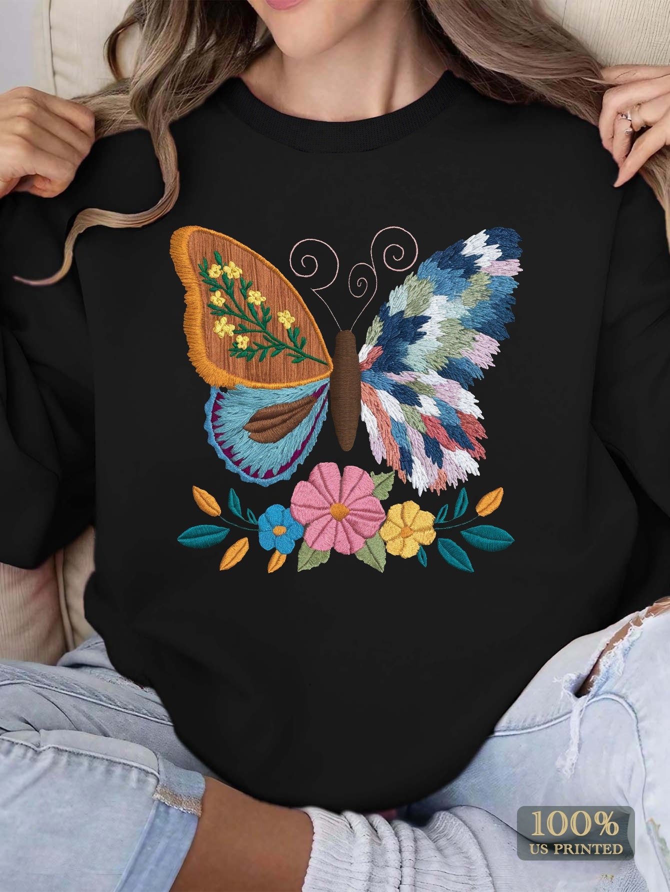 Women'S Casual Crew Neck Sweatshirt with Intricate Embroidered Butterfly and Floral Design, Geometric Pattern, Polyester Knit Fabric, Regular Length - Fall/Winter Collection