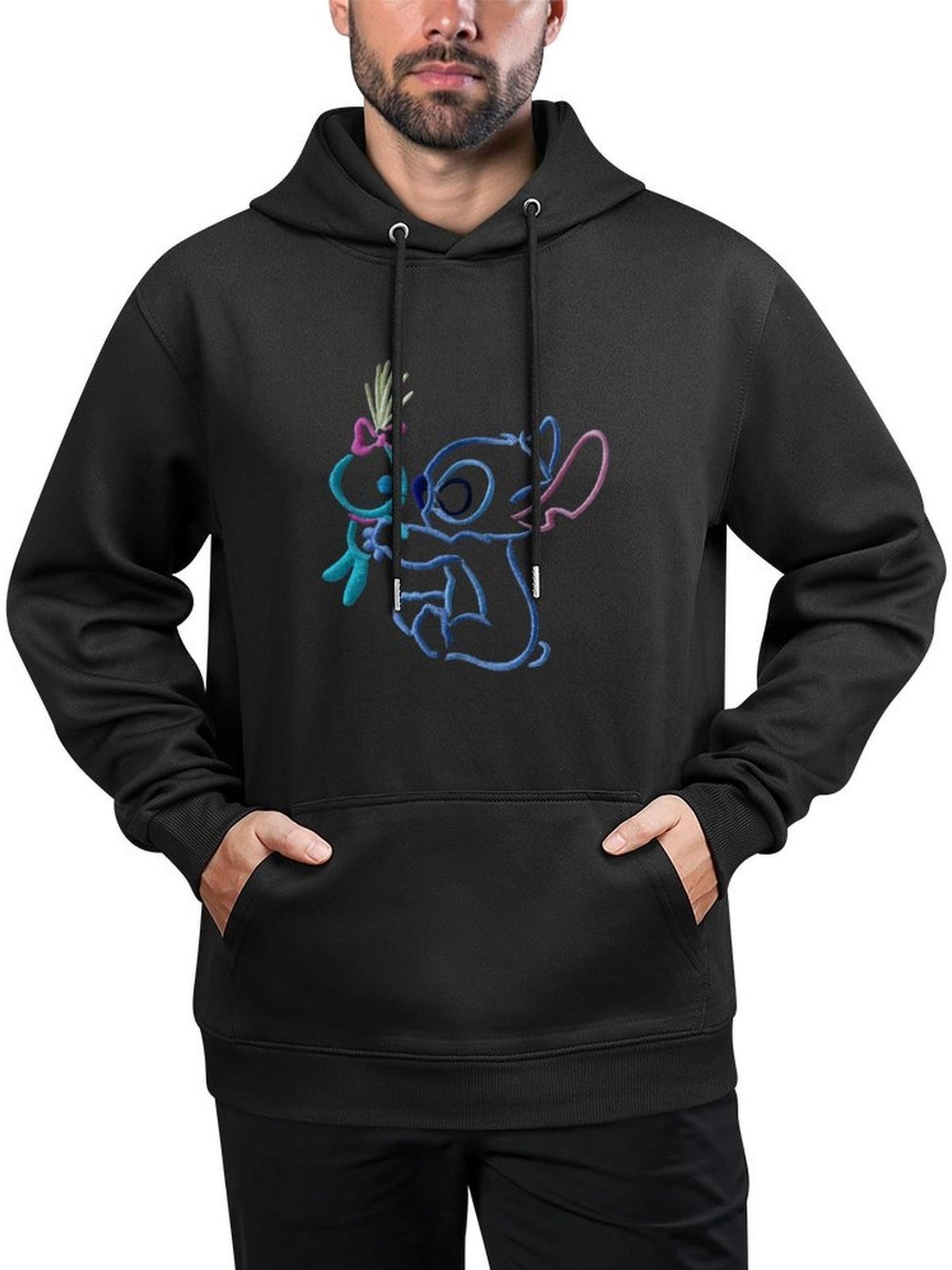 Disney Men's Black Retro Pullover Hoodie with Stitch & Angel Embroidery Art & Disney Friends Digital Print, Soft Regular Fit Casual Sweatshirt, Machine Washable, Front Pockets, Disney Hoodie, Durable Fabric